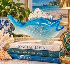 Vintage Murano Style Art Glass Fish Figurine Blue Opaline Clear Fins 10