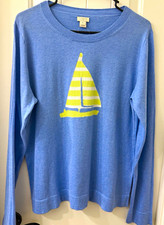 J.Crew Women’s XL Blue 100% Cotton Crewneck Nautical Sailboat Graphic Sweater picture