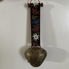 Vintage Antique Hand Forged Large European Cow Bell W/ Floral Embroidered Strap picture