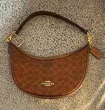 Coach Brown Monogram Crescent Shoulder Bag Zip Closure Gold Hardware Strap picture