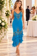 RARE Sue Wong Vtg Y2K Teal Silk Beaded Shells Mermaid Slip Dress Midi Fairy~Sz 4 picture