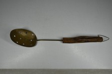 Vintage Copper Slotted Serving Spoon Natural Wooden Handle Farmhouse Country picture