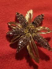 Vintage Signed Lisner Purple Yellow Rhinestone Floral Spray Brooch Pin picture