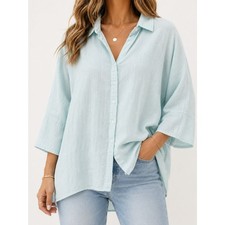 Adrienne Vittadini 2X Light Blue Linen Rayon Button Blouse Coastal Quiet Luxury picture