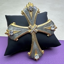 Maltese Cross Brooch Pendant Gray Enamel Rhinestones Gold Tone picture