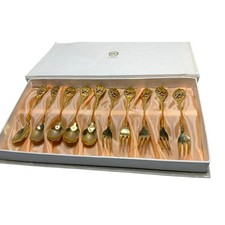 Vintage Asiana Airlines 24K Gold Plated Flatware Set Boxed Korean Aviation picture