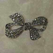 Silver Tone Bow Brooch Pin Rhinestone Crystal Pavé Set Round White Stones picture