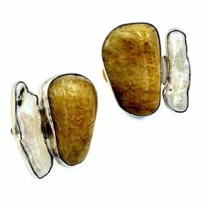 Vintage Rebecca Collins Sterling Silver Baroque Biwa Pearl Citrine Clip Earrings picture