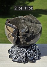 1219g [2 lbs 11 oz] NEW Druzy Septarian Crystal Sphere on Resin Roses Stand. USA picture