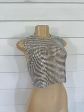 New ZARA WOMAN RHINESTONE CROP TOP WITH OPEN BACK SILVER METAL Size M Y703F picture