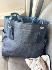 Michael Kors Monogram Logo Tote Shoulder Bag Black Zip Top Lined Silver Hardware picture