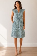 H&M Women's Mint Blue Printed Flutter Sleeve Dress Size M Lightweight Lined picture