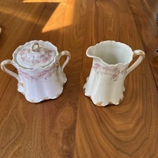 Antique Haviland Limoges Fluted Pink Rose Creamer and Covered Sugar Bowl Set picture