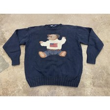 Vintage Polo Ralph Lauren Sweater Mens XL Blue Hand Knit Polo Bear Flag Pullover picture
