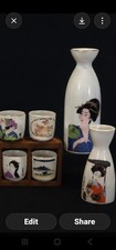 Vtg 18 Pc Japanese Geisha Sake Set W/wooden Display Rack Porcelain Cups Bottles  picture