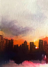 CITYSCAPE -  ORIGINAL 100% HAND PAINTED  ACRYLIC-OIL ACEO PAINTING ART CARD picture