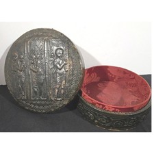 Vintage Italian Embossed Leather Trinket Box Cherub Angel Red Damask Italy picture