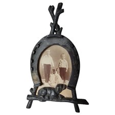 Antique 19th Horseshoe & Dog Primitive Cast Iron Picture Frame Boys & Pug Dog picture
