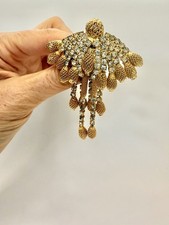 Vintage Castlecliff Brooch Gold Tone Rhinestone Mesh Dangle Fringe 3” Signed picture