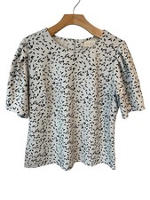 Melloday Blouse Women's Size Large White Black Leaf Print Short Sleeve Stretch picture
