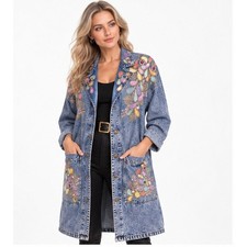 Vtg 80s Laura Rogers Hand Painted Jeweled Denim Duster Paisley Rhinestone M L picture