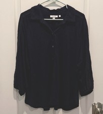 Chico's Women's Navy Blue Collared Tunic Top Decorated Sleeves Linen Size L 2 picture