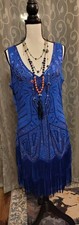 BABEYOND Blue Sequin Beaded Fringe Flapper Shift Dress 1920s V-Neck XL picture