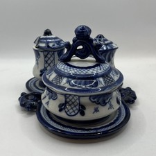 Gzhel Vintage Russian Porcelain Table Set salt pepper & mustard  picture