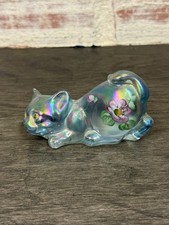 Vintage Fenton Blue Carnival Pouncing Cat Ltd Ed Hand Painted Pam Copeland picture