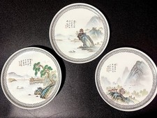 3 Vintage Chinese Famille Rose Porcelain Plates w/ Water & Mountain Scenes  picture