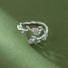 925 Sterling Silver Rose Branch Adjustable Ring Women Jewelry Gift picture