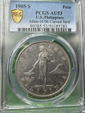 US PHILIPPINES 1905-S ONE PESO PCGS AU 53 CURVED SERIF SCARCE picture
