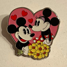Disney Mickey & Minnie Mouse Heart Valentine's Day Love Flowers Vintage Look Pin picture