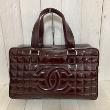 CHANEL Vintage Chocolate Bar Patent Leather Boston Bag Brown CC Logo Rare Japan picture