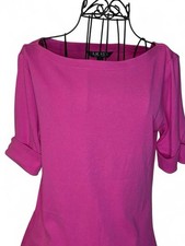 Lauren Ralph Lauren Hot Pink Boat Neck Top Cuffed Short Sleeve Basic Tee Size S picture