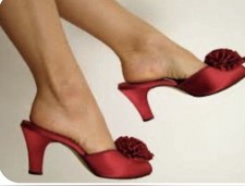 Vintage Daniel Green Rosette Red Satin Mule  Heels -see Measurements 9 picture