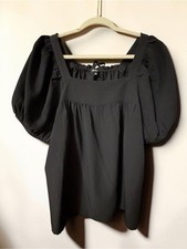 Madewell Black Babydoll Top Size Large Square Neck Puff Sleeve Textured Blouse picture