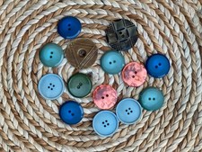 Vintage Mid Century Plastic Buttons Lot Carved Geometric Pink Pearlized Blue 14p picture