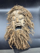 Vintage Hand Carved Bamboo Tree Root Old Man Face Mask Beard Wall Hanging 12