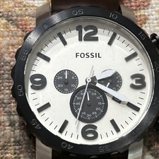 Fossil Nate JR1390 Chronograph  Watch Cream Dial Brown Leather RUNS NEW BATTERY picture