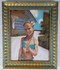Original Beach Portrait Oil Painting Framed Girl Child Tropical Fine Art Unique picture