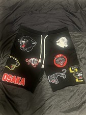 iro·ochi Mens Black Graphic Panther/OSAKA Embroidered Sweat Shorts Size L picture