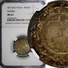 Tunisia Muhammad V Silver AH1335 (1916) A 1 Franc NGC MS63 GEM BU KM# 238 (041)  picture
