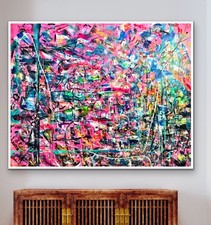 NEW ABSTRACT ART ON CANVAS Original Acrylic Painting  BRIGHT SIGNED 62x70 picture