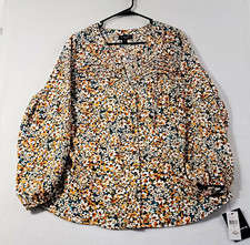 I.N. Studio Women's 2X Plus Floral Multicolor Button V-Neck Puff Blouse  NWT. picture
