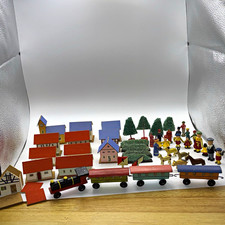 Vintage German Erzgebirge Wooden Toy Village Set 42pc Train Church Animals Trees picture