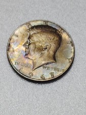 Kennedy Half Dollar 1967 40% Silver AU Nice Rainbow Toning picture