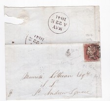 1841 QV FINE 1d PENNY RED STAMP BLACK PL10 EDINBURGH MX MALTESE CROSS ON ENTIRE picture