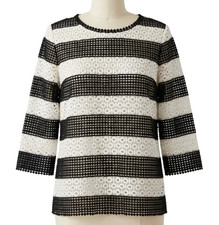 TALBOTS Black & Off-White WIDE STRIPED EYELET LACE Blouse Top Lined LP L-P picture