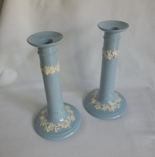 Vintage Wedgwood Lavender Blue Queensware 9 Inch Pillar Candlesticks picture